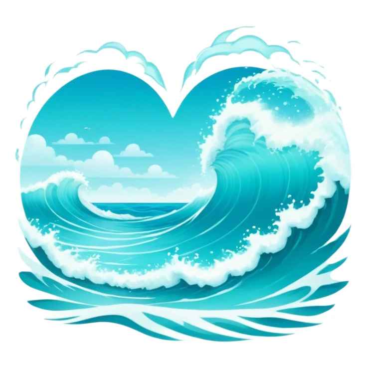 "A heart-shaped ocean scene with crashing waves, reflecting a serene and dreamy atmosphere."
 sticker