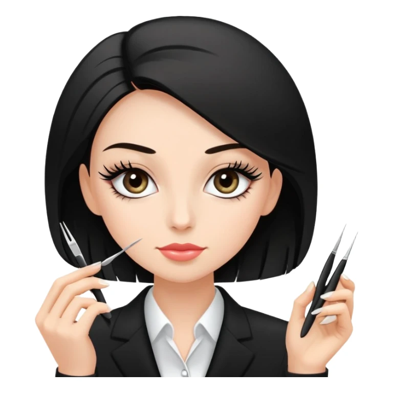 A girl with a black square, fair skin, with extended eyelashes in a black suit of a manicurist holds tweezers in her hands sticker