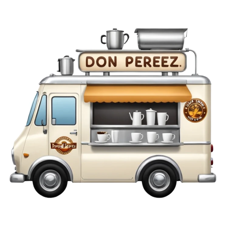 white coffee truck with "Don Perez" cafe sign sticker