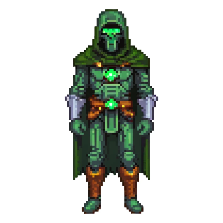 Doctor Doom standing with bright green eyes glowing through mask, full body sticker