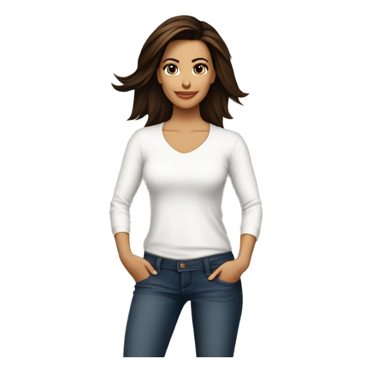 3/4 face, contrasted, shadow, light, Eva Longoria expression, standing from a distance, thin nose, brunette woman, hazel eyes, long eyelashes, dark shoulder shaded hair, white t-shirt, jeans, white sneakers sticker