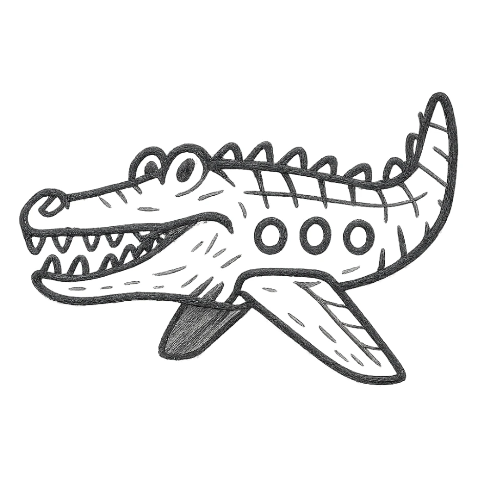 Make the war plane and crocodile fusion much more crocodile-like, emphasizing crocodile features such as the head, scales, teeth, and tail, while keeping the original hand-drawn sketch style. Maintain a transparent background. sticker