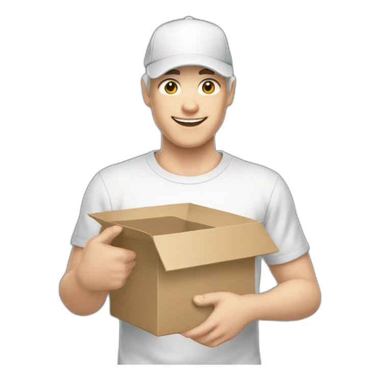 Pale skinned Man in a white cap and gray T-shirt with a box into his hands sticker
