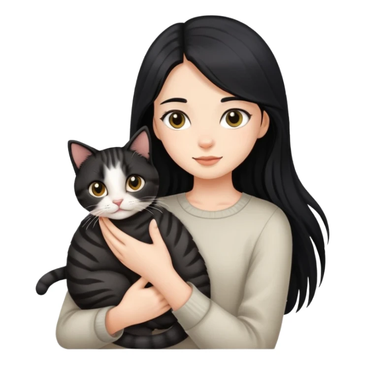 Long black hair girl holding a haired tabby cat sticker
