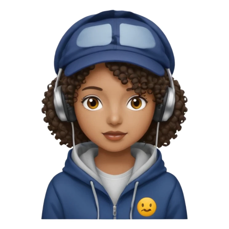 curly haired with headphones in and hoddie  black girl with cap sticker