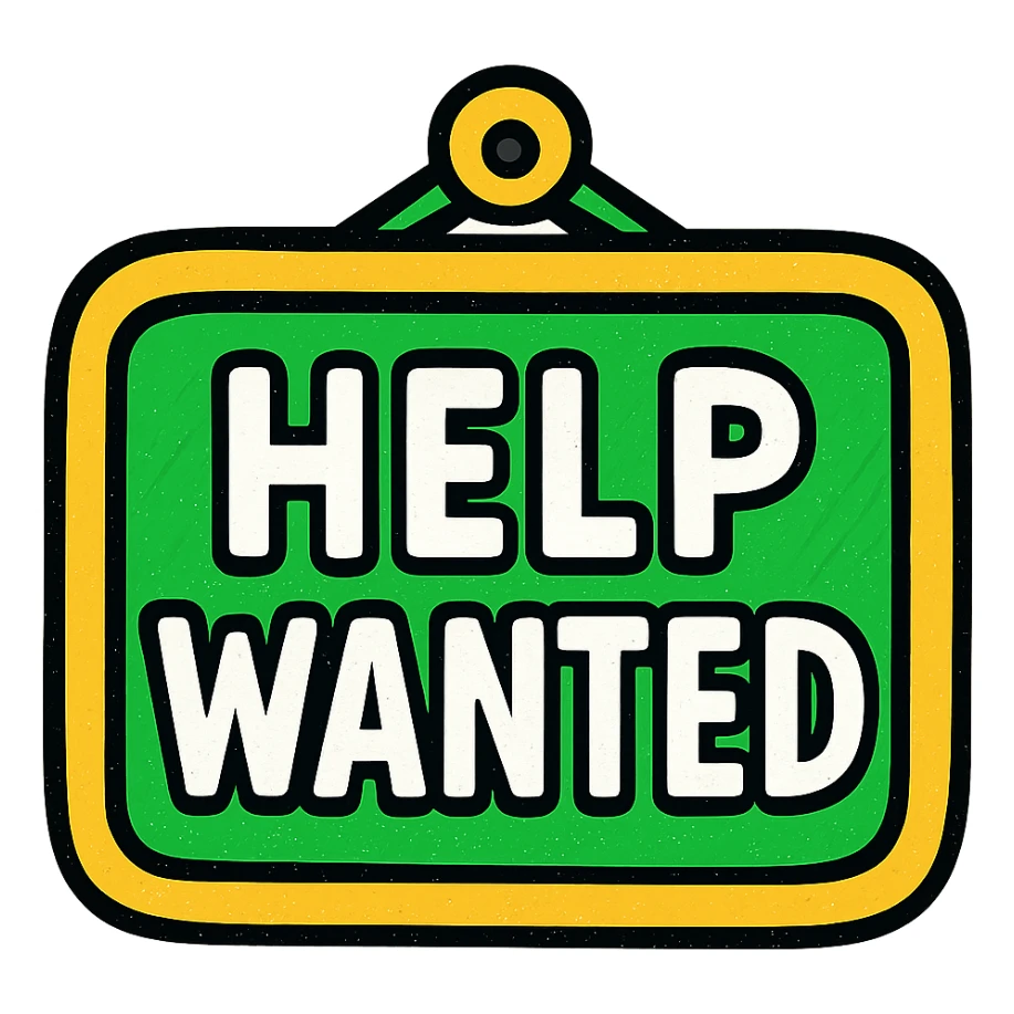 help wanted sign in green, white, and gold color scheme, modern style, rounded corners, simple design sticker