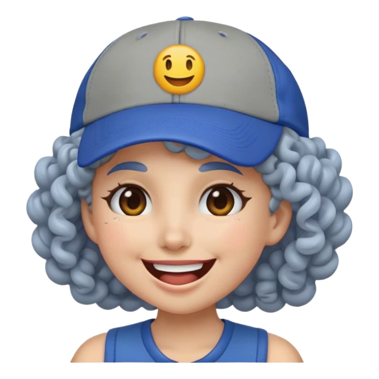 a female, yellow faced emoji, simple style, big smile, winking, blue ball cap on backwards, cartoon, curly grey hair sticker
