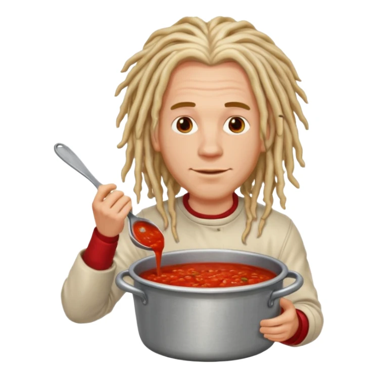 a white man with dreadlocks immersed in a pot of sauce sticker