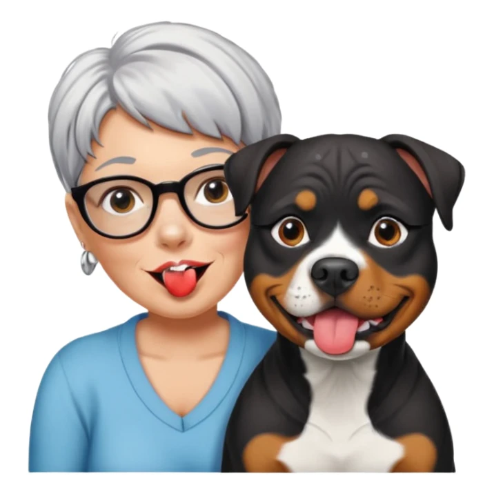 Pitt bull rottweiler white muzzle with black spots tongue out next to middle aged woman with short silver hair sticker