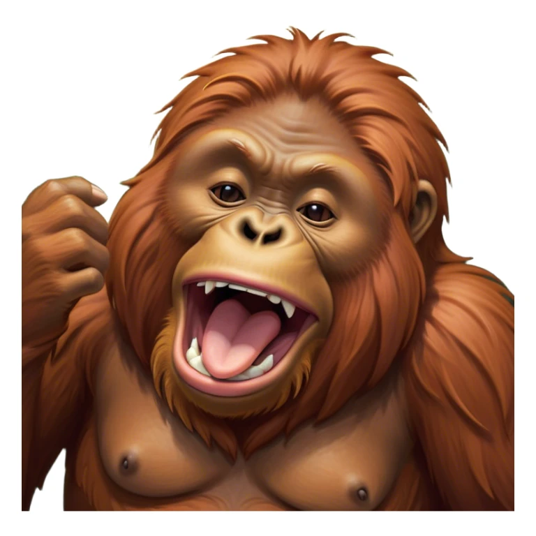 Cinematic Cute Yawning Orangutan Portrait Emoji, Head tilted slightly with a dramatic, wide-open yawn, showcasing a richly textured face with half-closed, sleepy eyes and a relaxed, open expression, Simplified yet irresistibly adorable features, highly detailed, glowing with a soft, cozy jungle glow, high shine, relaxed yet expressive, stylized with a dash of whimsical charm, soft glowing outline, capturing the essence of a drowsy yet affectionate guardian that appears ready to stretch out for a nap! sticker