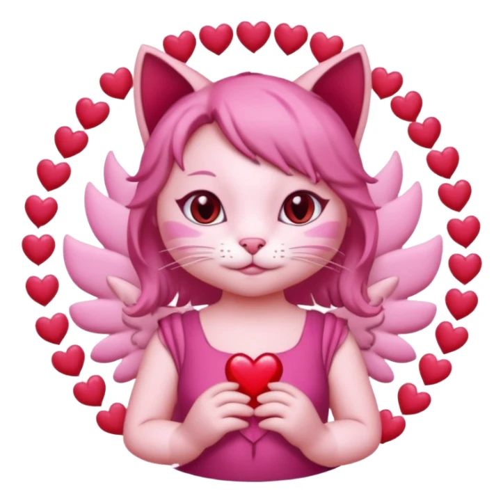 a pink cat who is doing this 🫰 and she has like red hearts around her head like a angel circle. the cat is going to have on a dark pink dress with a bow. sticker