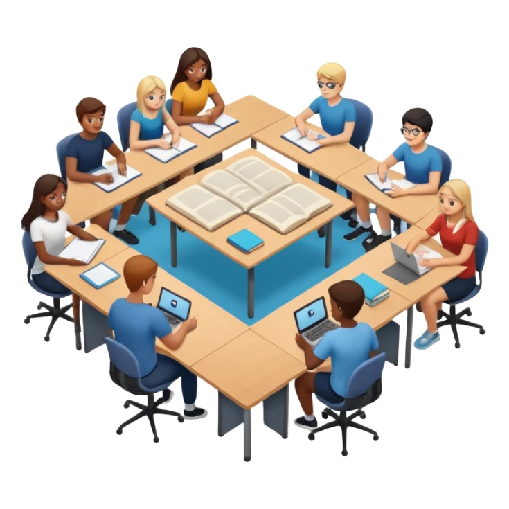 Birdseye view of large study space with students working separately add students wearing Vision Pros sticker