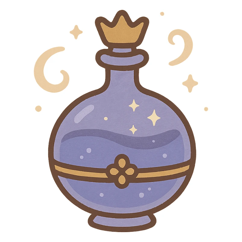 modernus minimalistinis prabangus eliksyro buteliukas, maža karūnėlės forma, spalva #7986cb, subtilūs sidabriniai ornamentai, švelnūs magiški efektai, labai mažas kaklelis, skaidrus fonas, vientisas dugnas, be šešėlio, plūduriuoja ore, kolekcijos stilius sticker