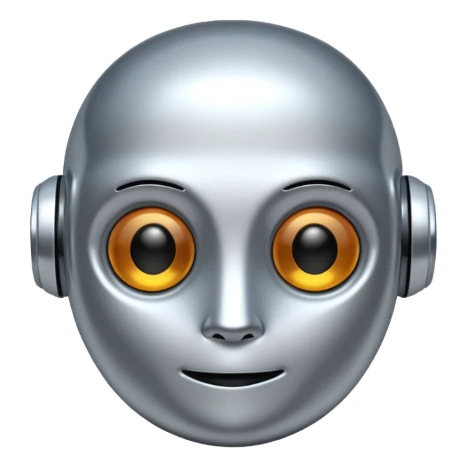 A cute futuristic robot emoji made of silver chrome, rounded friendly body, minimal facial features, glossy metallic surface, soft reflections, iOS emoji style, centered, clean white background sticker