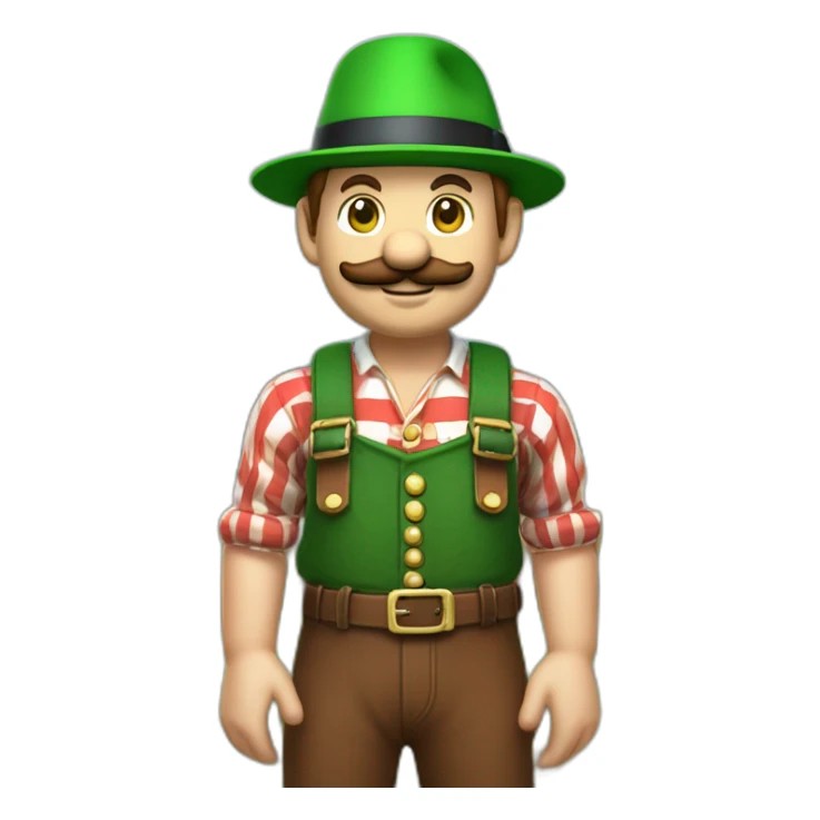 bavarian octoberfest visitor in super mario style. With a green hat, blue and white stripes shirt and brown leather pants.  sticker