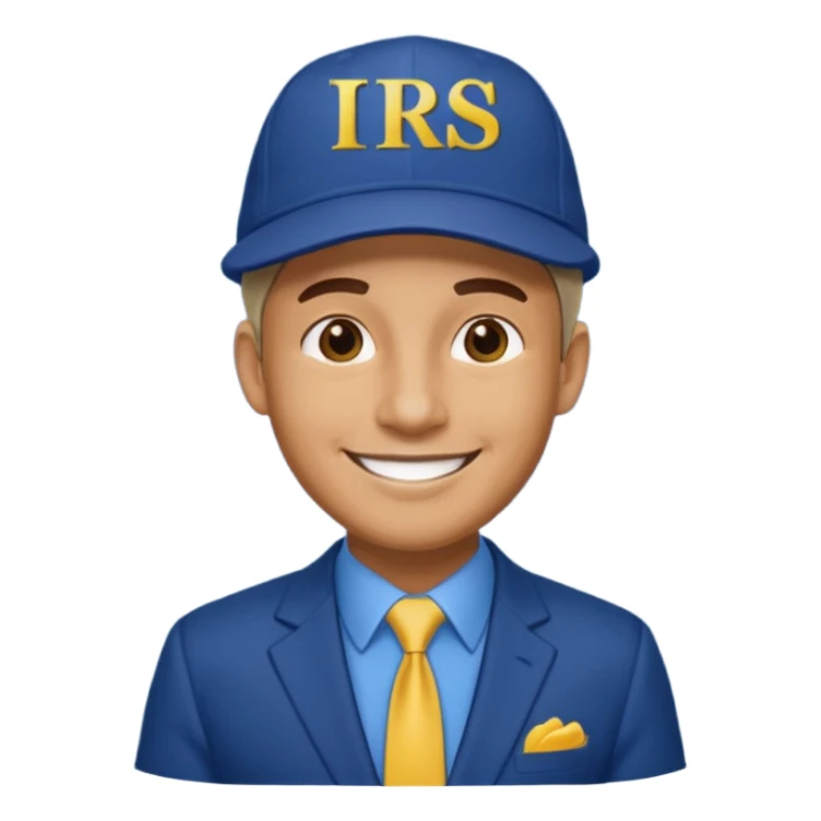 a man smiling dressed in a blue suit with a cap on that says IRS in yellow letters sticker