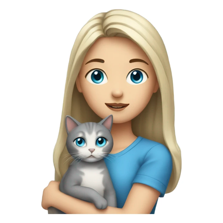 a girl with blue eyes and she is holding a grey cat sticker