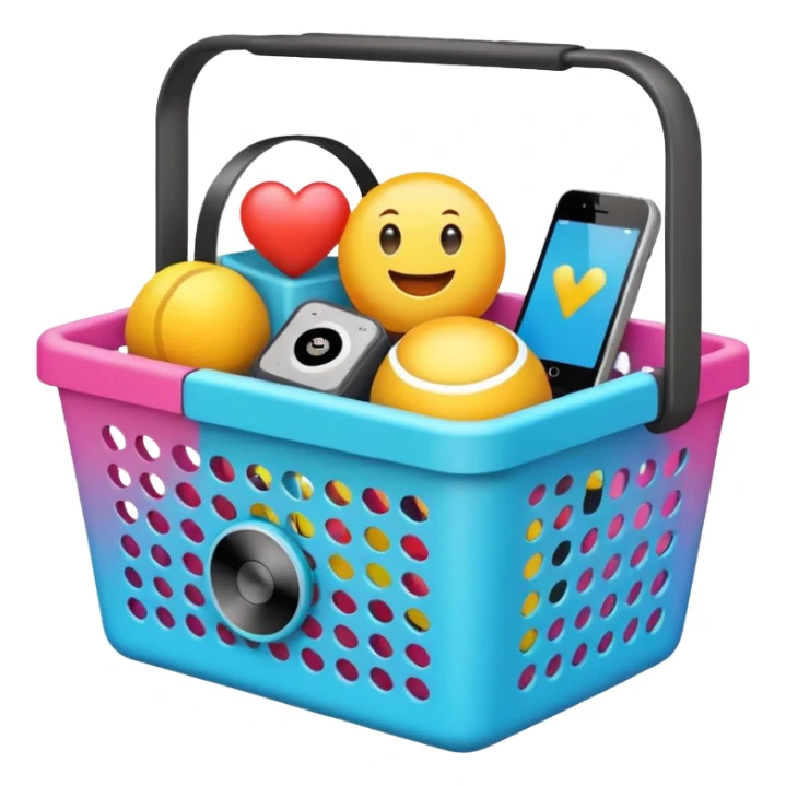 shopping basket filled with a smart speaker, fitness tracker, and digital camera emoji sticker