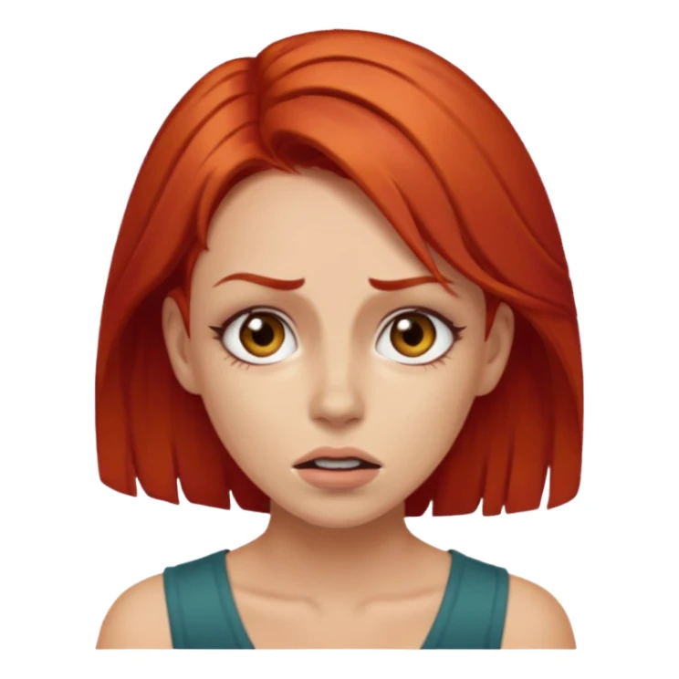 Woman with red hair and brown eyes doing a gross face sticker