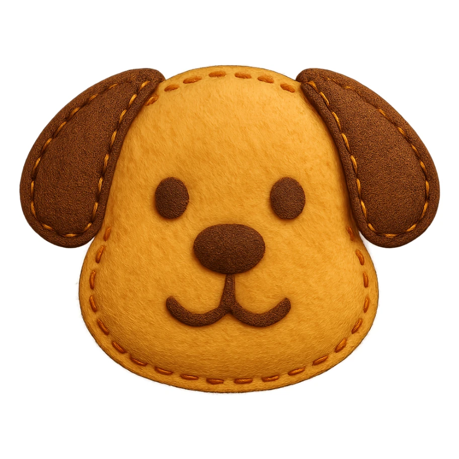 <StylePrompt>
  <Name>Felt Appliqué Plush Style</Name>
  <Description>A soft, handcrafted look inspired by plush felt fabric with visible stitching and a padded 3D texture, rendered on a solid black background.</Description>
  <VisualProperties>
    <Material>Felt</Material>
    <Texture>Soft, fuzzy, with slight fiber detail</Texture>
    <Stitching>
      <Type>Thick thread</Type>
      <Color>Orange or slightly darker tone than fabric</Color>
      <Pattern>Uniform running stitch along outer edge</Pattern>
    </Stitching>
    <Padding>High, plush-like 3D depth</Padding>
    <Edges>Rounded corners</Edges>
    <ColorPalette>
      <Primary>Warm yellow/orange tones</Primary>
      <Accent>Brown or dark orange for facial features and outline</Accent>
      <Background>Black</Background>
    </ColorPalette>
  </VisualProperties>
  <Rendering>
    <Lighting>Soft, even studio lighting</Lighting>
    <Shadows>Subtle drop shadows for depth</Shadows>
    <Perspective>Flat front-facing, symmetrical if applicable</Perspective>
  </Rendering>
  <Applicability>
    <SubjectType>Any object, animal, or letterform</SubjectType>
    <OutputFormat>Icon, emoji, patch-style graphic</OutputFormat>
  </Applicability>
</StylePrompt>

{subject} = dog sticker