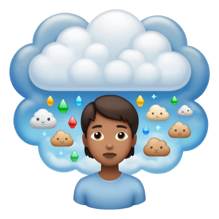 the items in the clound dont u underst<nd so it looks like hes thinking about that  sticker