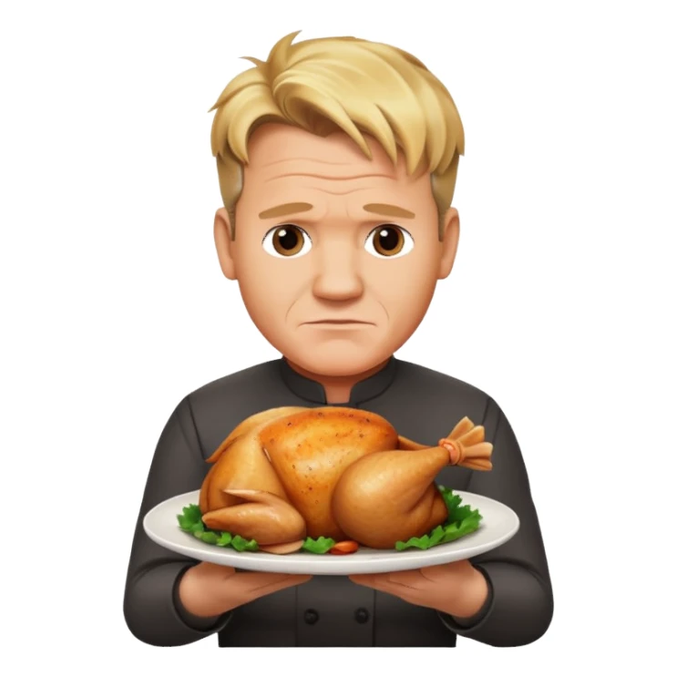 Gordon Ramsay with a stern look, holding a plate with a whole cooked chicken sticker