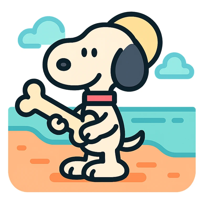Snoopy, outlined, pastel colors, holding a bone, with a beach background sticker