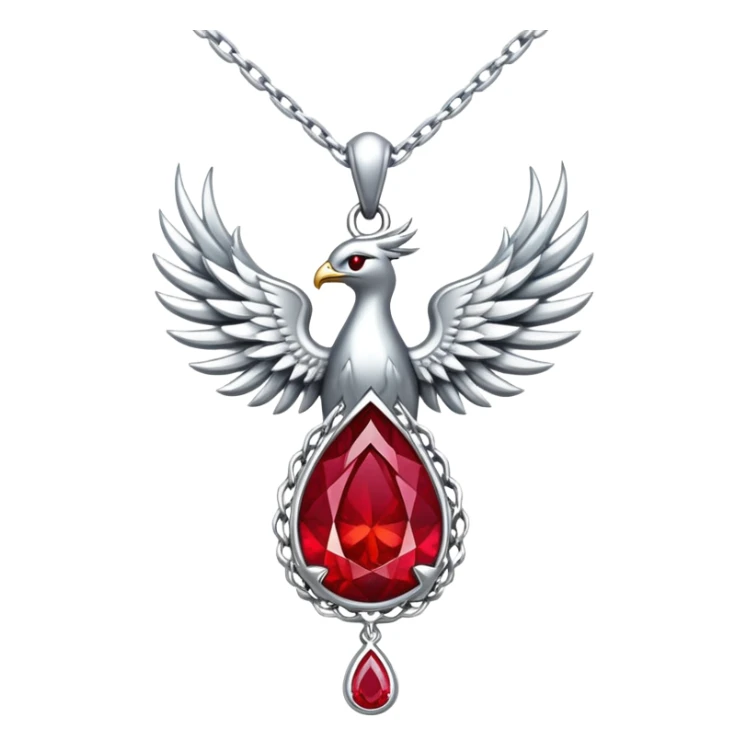 cosmic phoenix talisman: teardrop ruby radiating rebirth energy, ember edges, silver chain floating sticker