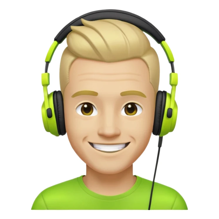 yellow-skinned guy head with slicked back black undercut hair and neon green headphones, smiling sticker