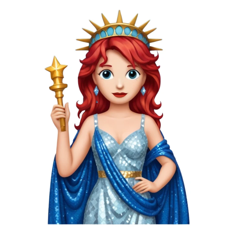 Lady Liberty from Film Studios with red wavy hair, white sequin gown, blue sequin drape sticker