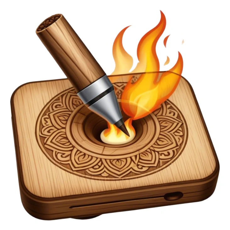 Pyrography icon, wooden surface with detailed burn marks, intricate patterns being burned into wood with pyrography tool, minimalistic style, clean lines, transparent background. sticker