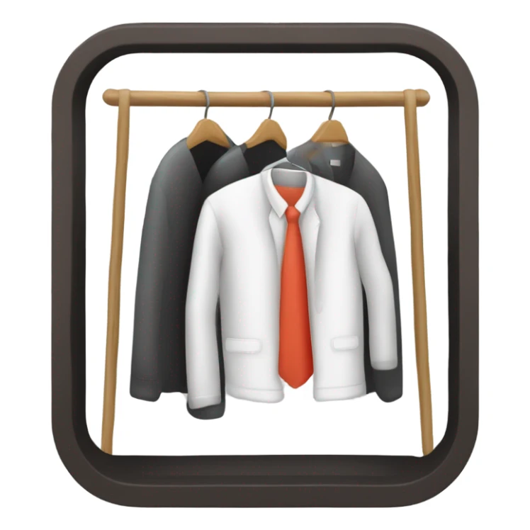 Design an emoji-style icon of an open wardrobe with clothes hanging inside. Include details like a wooden frame, hangers, and only black or white different clothing items such as shirts or any other clothing . Use a clean and minimalistic design. sticker