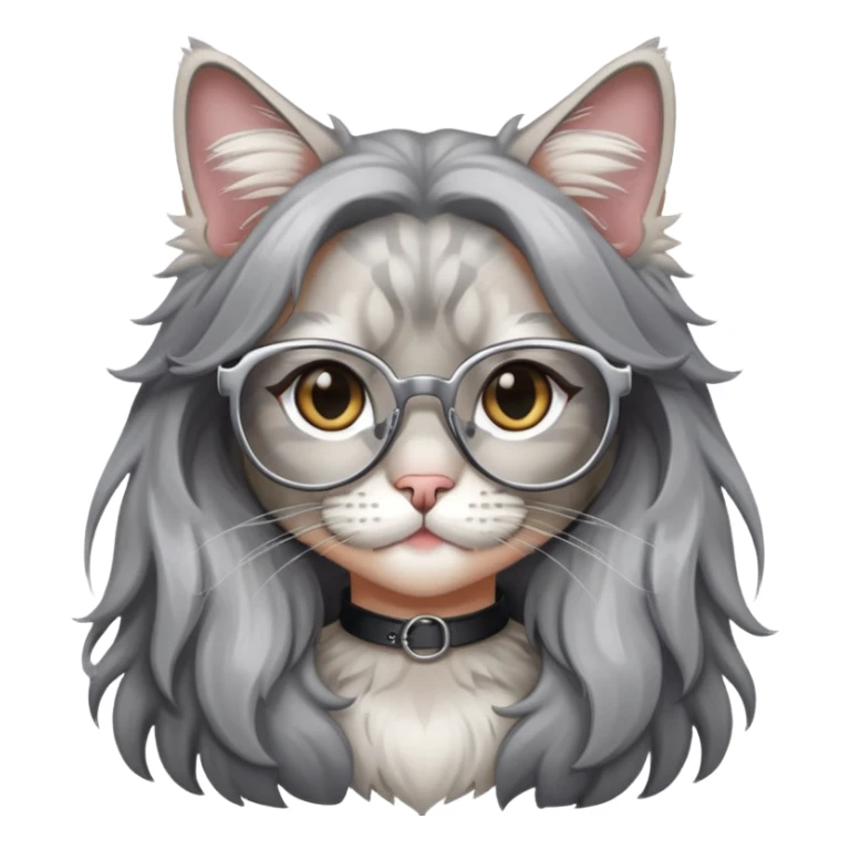 a silver based Maine Coon cat holding a black hair glasses girl sticker