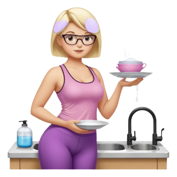 Seductive, Curvy fair skinned woman, short blond hair, small light purple reading glasses, washing dishes, SFW sheer pink tank top, without undergarments showing natural breast shape SFW, black yoga pants, thick booty sticker