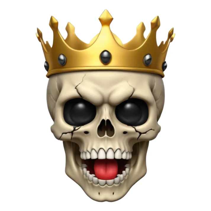 Demonic 3D skull holding its head by its hand in shock, mouth open, wearing a golden crown, dark horror vibe sticker