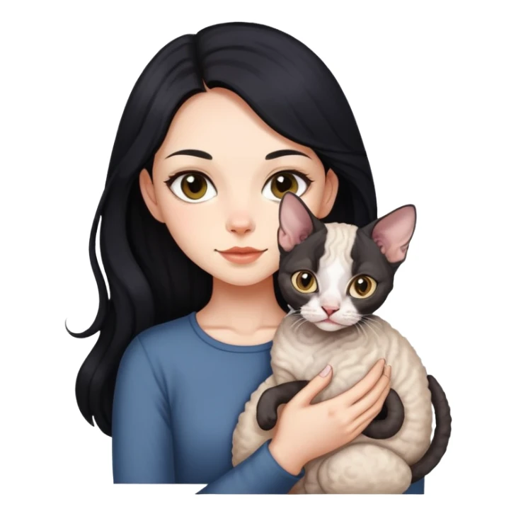A girl with long black hair holding a Devon cat sticker