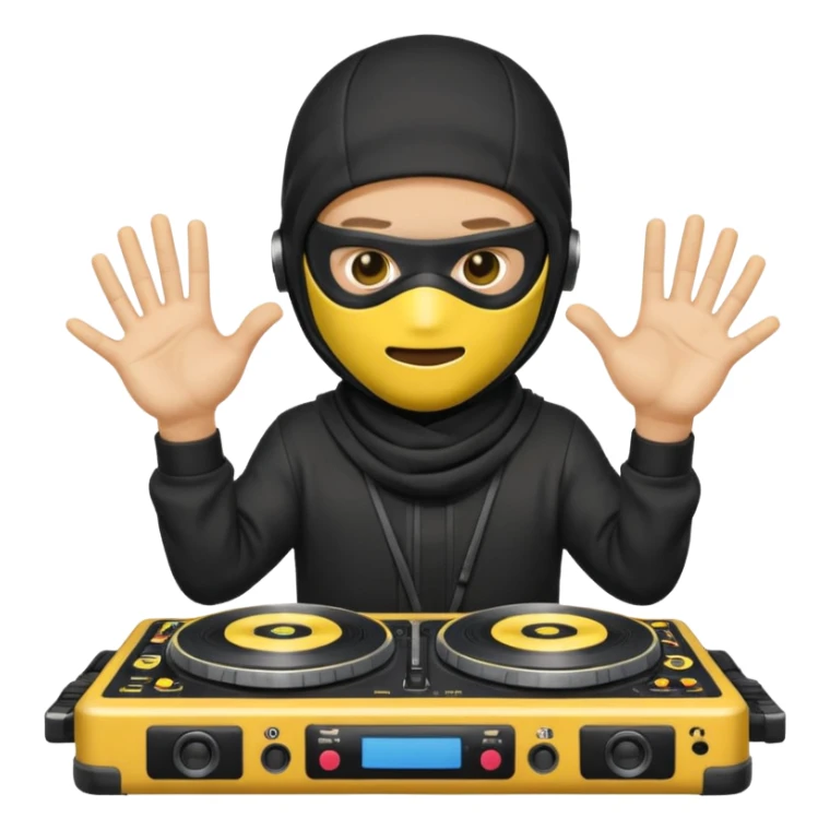 Make a customized yellow head emoji with hands and holding a dj turn table  in a  ninja face mask sticker