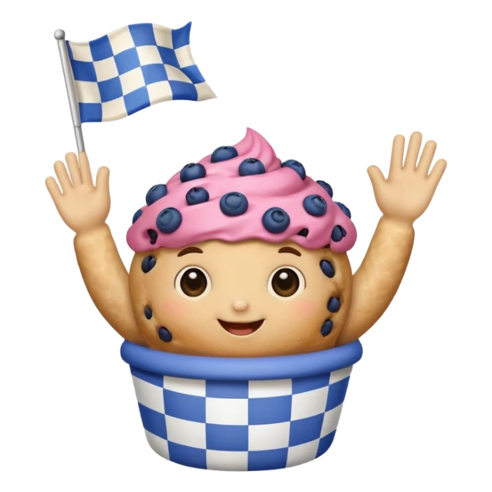blueberry muffin with arms waving a checkered race flag sticker