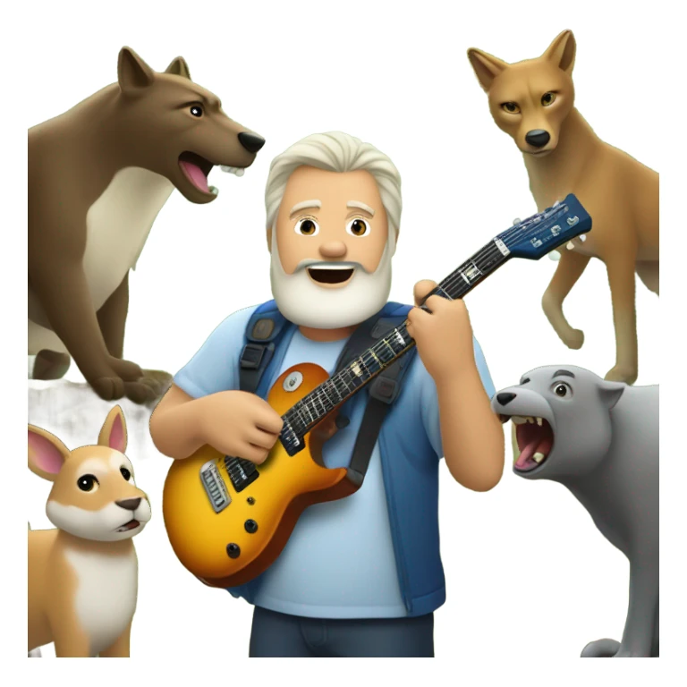 50 year old tan white man with a goatee playing electric guitar in a forest with animals watching sticker
