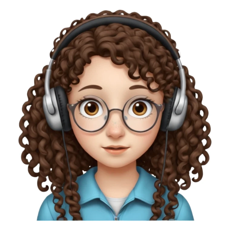 brunette kid with unique face features and very curly long hair kid girl neutral and very big nose and ears and dark eyes with freckles kind of nerd looking and headphone wearing sticker