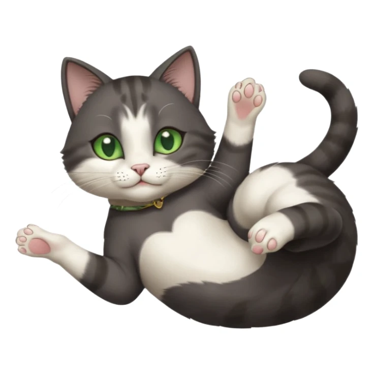 beautiful female solid dark grey cat with green eyes, white toes/paws and white patch on her chest playfully rolling upside down sticker