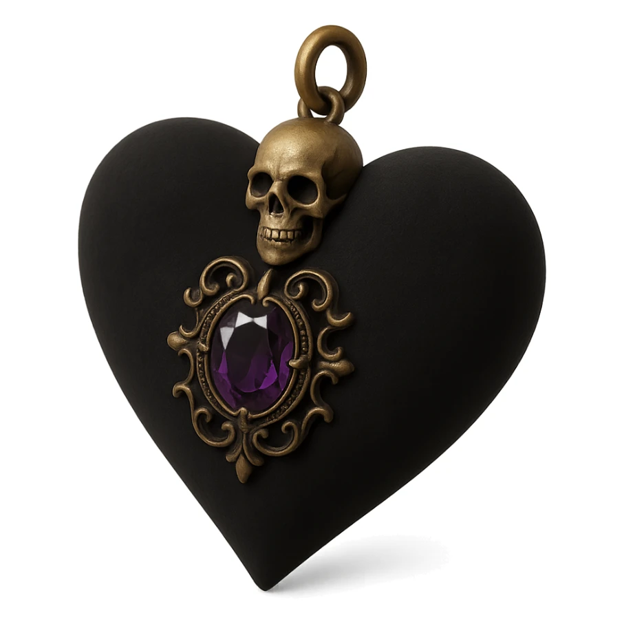 3D black style gothic heart, black velvet texture, silver skull charm, deep purple gemstone, ornate and dark gothic design sticker