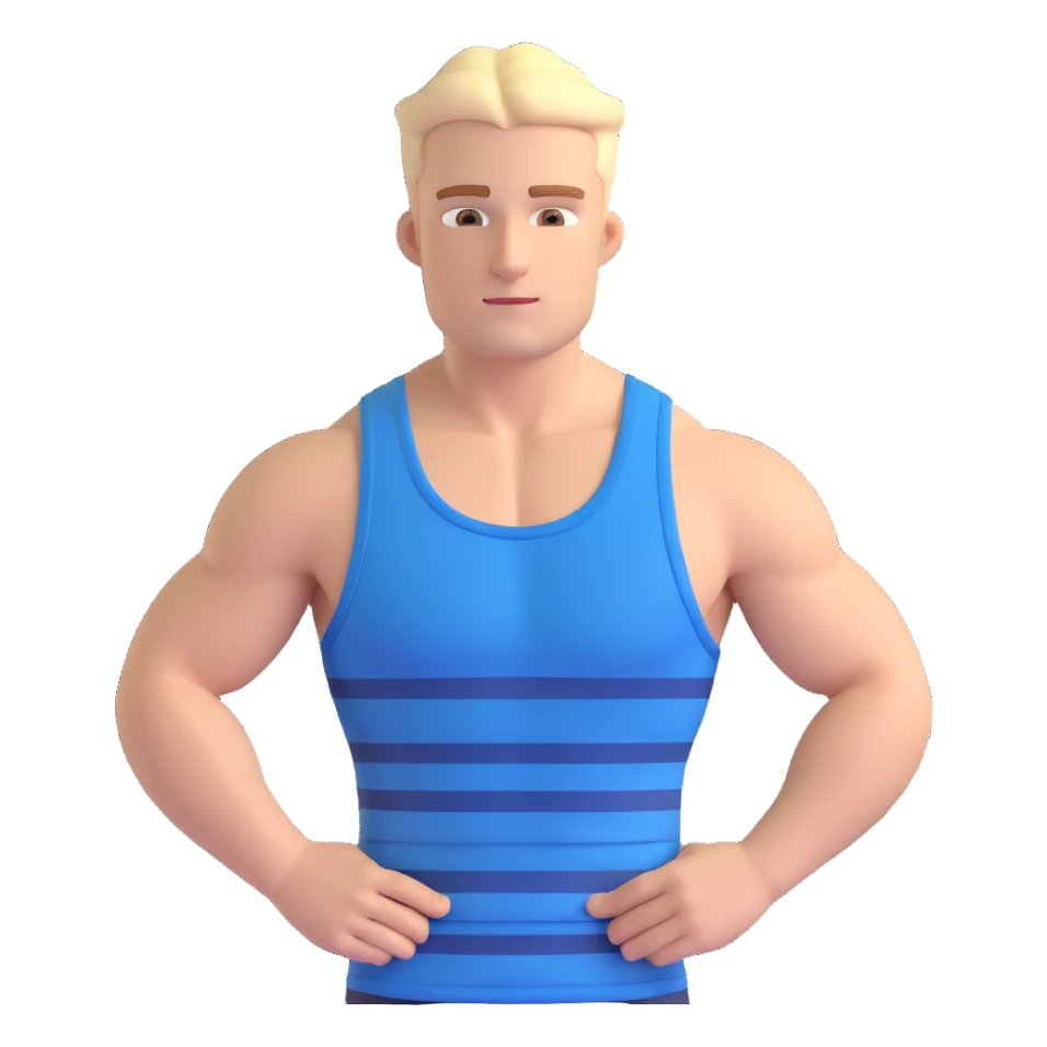 buff white guy in a horizontally striped blue and white tank top, confident pose, plain background sticker
