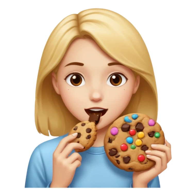 Girl eating a cookie thats bit into sticker