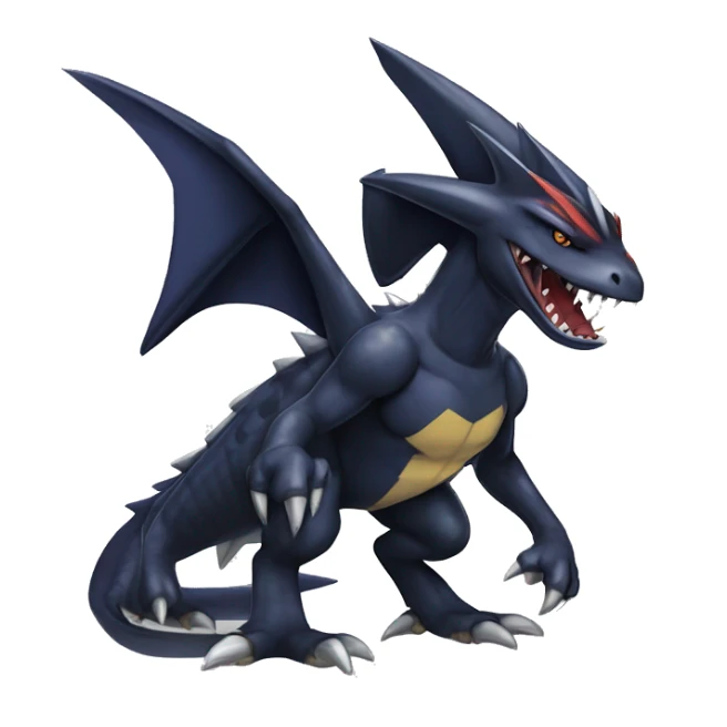 Black, Modern, Cool, Edgy, Badass Punk-style Garchomp-Nargacuga-Sergal Fakémon-Digimon with sharp edgy striking detailed stripe-markings,  full body sticker