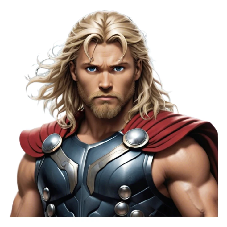 Cinematic Realistic Thor Portrait, depicted with lifelike skin texture and a commanding, muscular build that radiates divine strength. His piercing eyes, framed by rugged, flowing hair and a well-groomed beard, exude both determination and amiable authority. Clad in his signature armor with subtle hints of mystical lightning, the portrait is rendered in dynamic natural lighting with a radiant, heroic glow. sticker