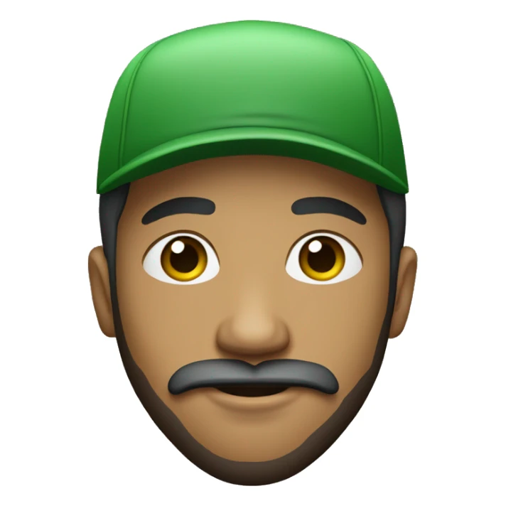 Create a young mixed-race man with a beard and moustache wearing an all-green cap and a T-shirt white sticker
