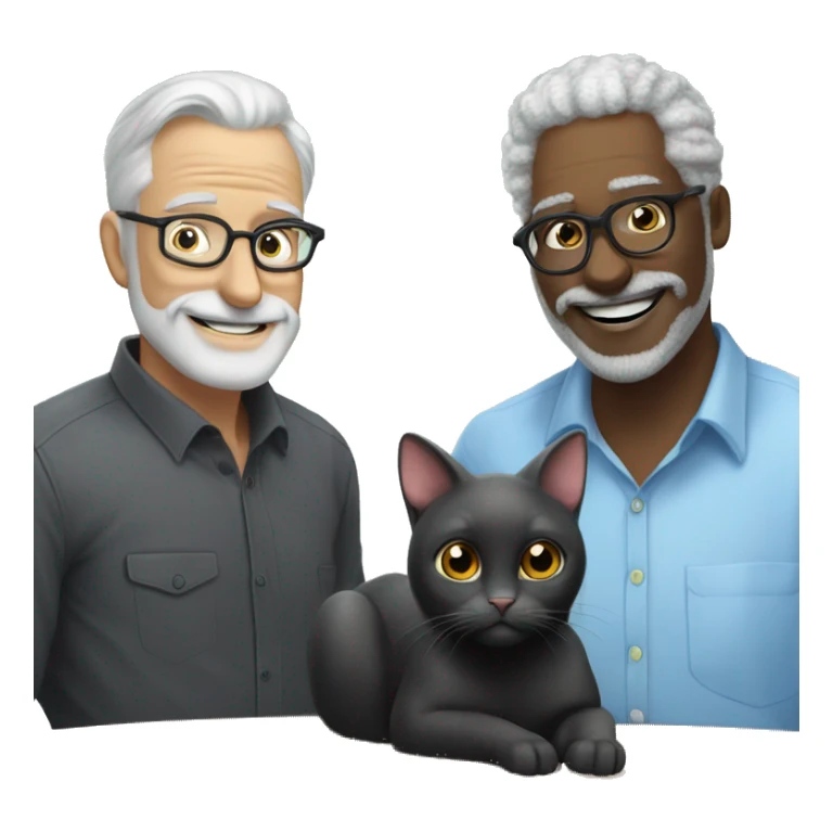 A black cat with a mouse in his mouth next to the cat a man smiling softly with grey hair no beard rectangular glasses in a sky blue shirt  sticker