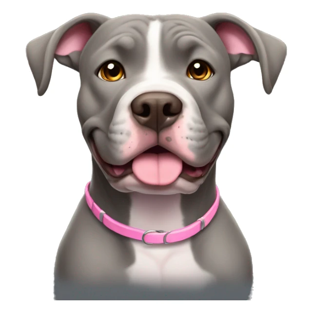 Female gray pitbull dog with floppy ears happy expression brown eyes gray face pink collar, sitting up, facing forward. sticker