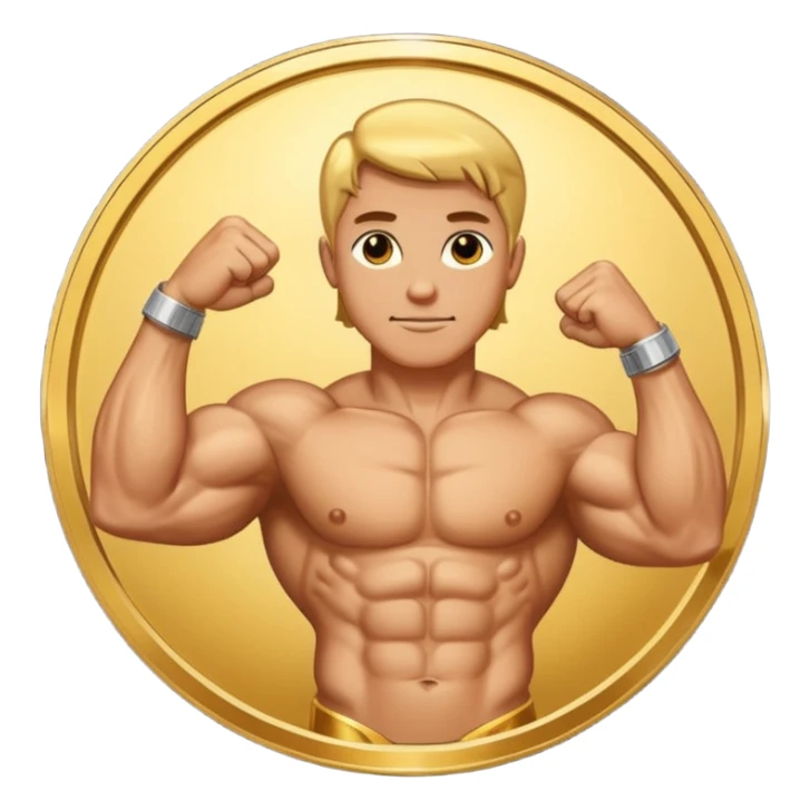 A bent arm showing a big biceps in a gold coin sticker